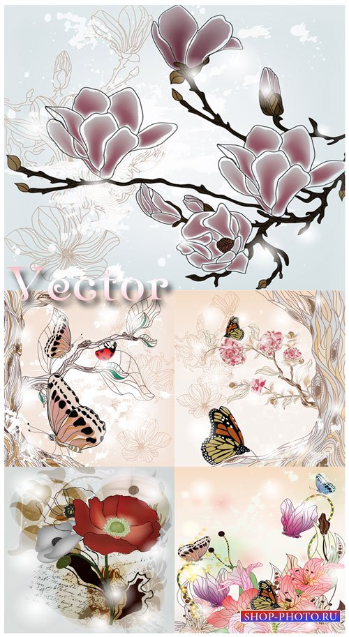 Цветы и бабочки - векторный клипарт
