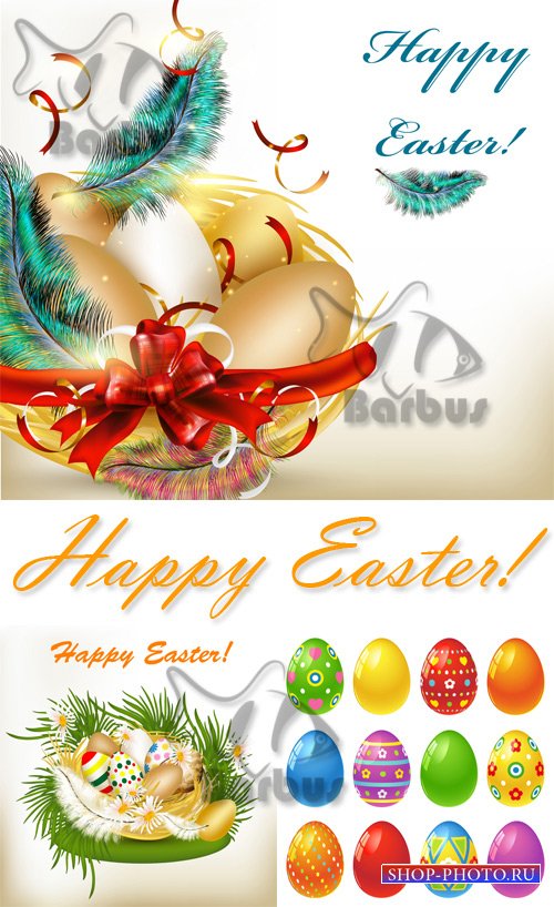 Vector card Happy Easter and Easter eggs / Векторные Пасхальные открытки и  ...