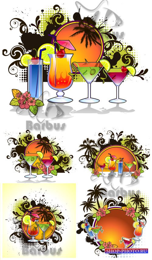 Banner - exotic cocktails, palm trees and the coming sun / Баннеры с экзотичными напитками, пальмами и закатным солнцем