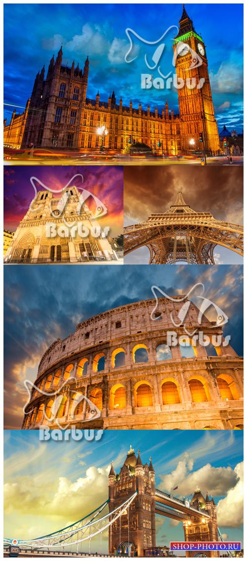 Notre Dame Cathedral, Colosseum, Big Ben Tower, The Tower Bridge, Eiffel Tower / Собор Нотр-Дам, Колизей, башня Биг-Бен, Тауэрский мост, Эйфелева башня