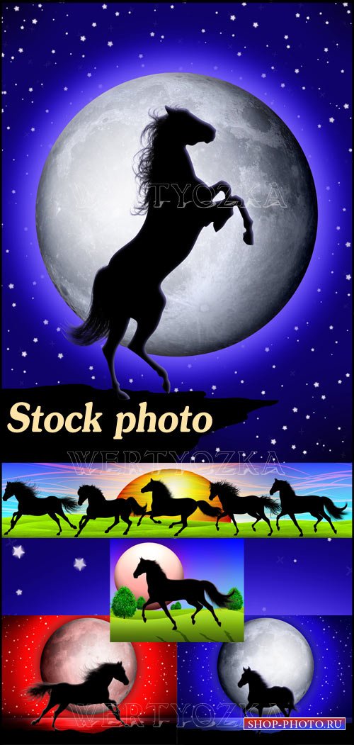 Лошади на фоне луны и ночного неба / Horses on the background of the moon a ...