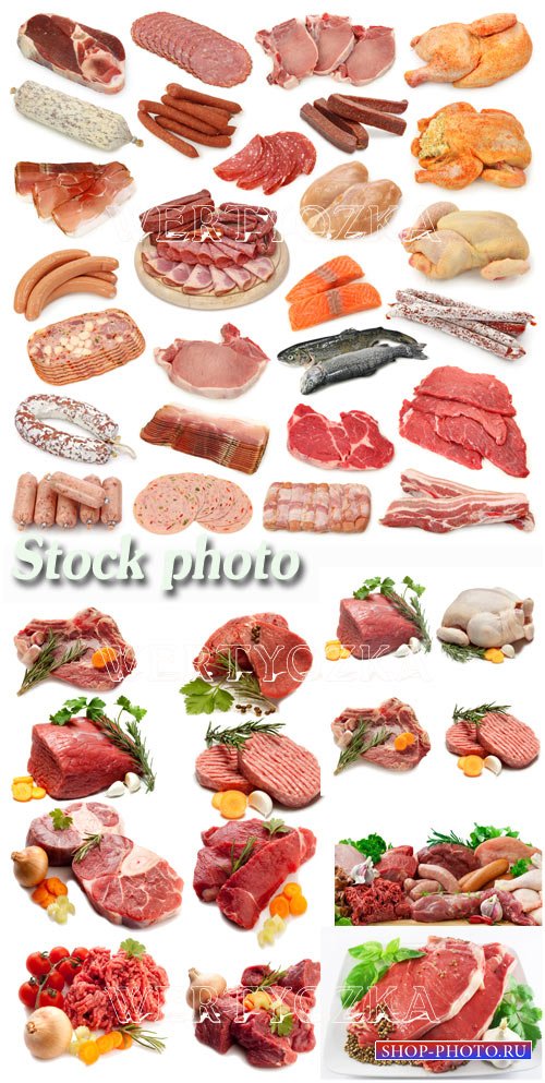 Свежее мясо, мясные продукты / Meat, meat products, sausage, chicken - Raster clipart
