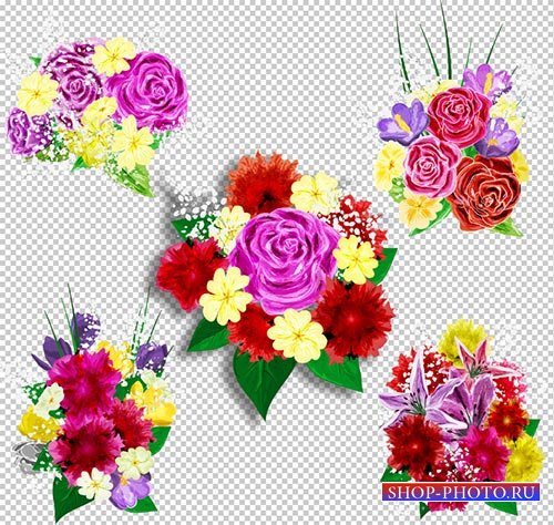 Клипарт PSD - Красивые цветочные композиции из рисованных цветов на прозрачном фоне