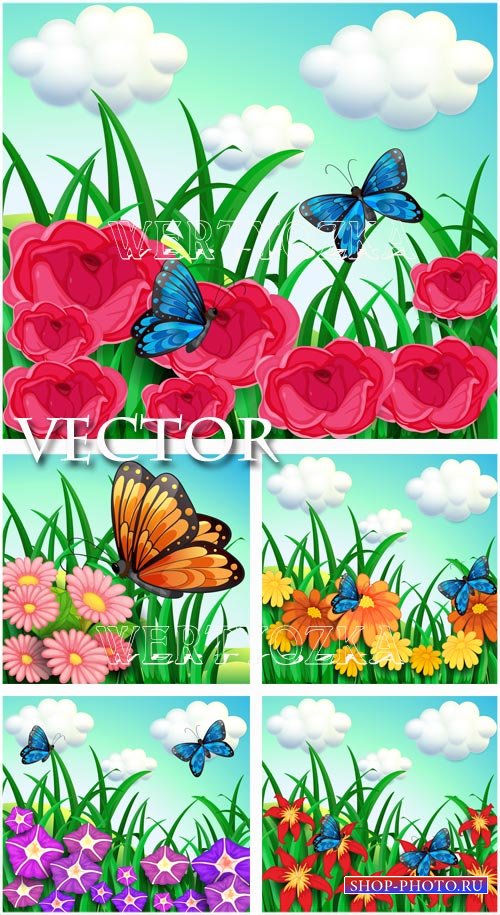 Цветочные фоны с бабочками / Flowers and butterflies - vector clipart