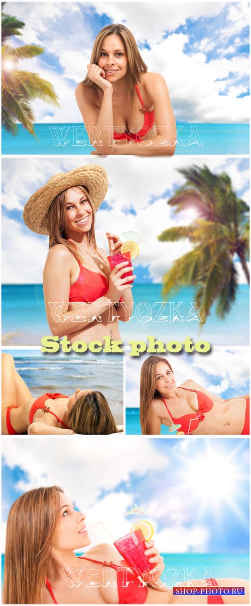 Девушка в купальнике на берегу моря / Girl in a bathing suit on the beach - raster clipart