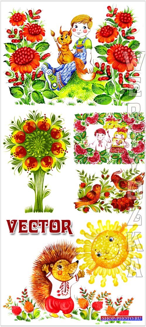 Детские фоны с яркими цветами и птицами / Children background with bright flowers and birds - Vector clipart