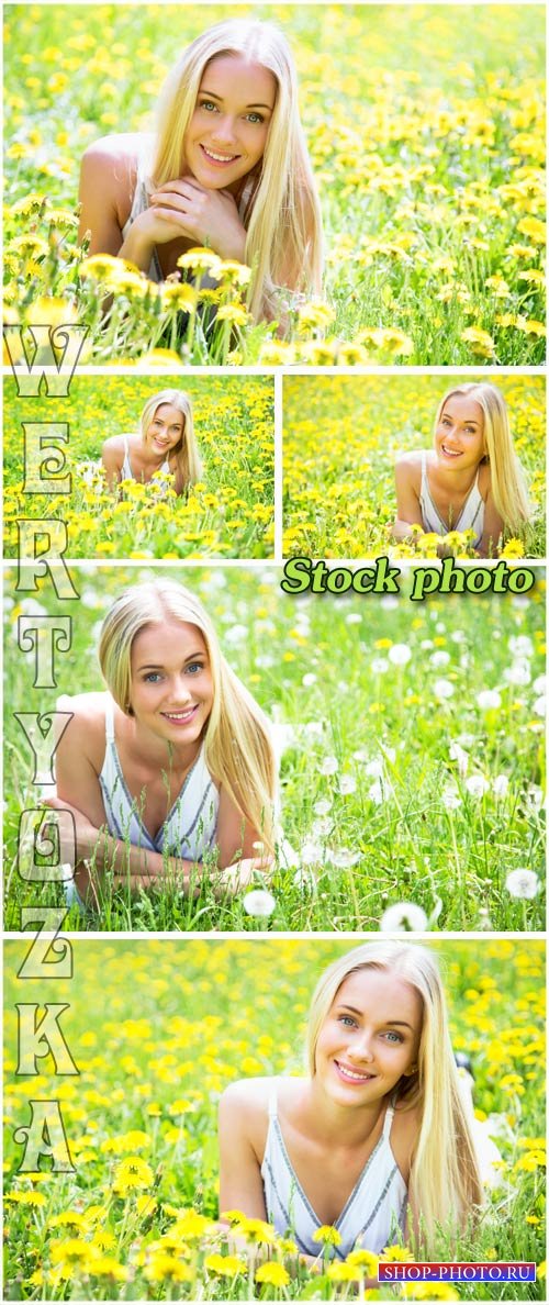 Девушка в поле с цветами и одуванчиками / Girl in a field with flowers and  ...