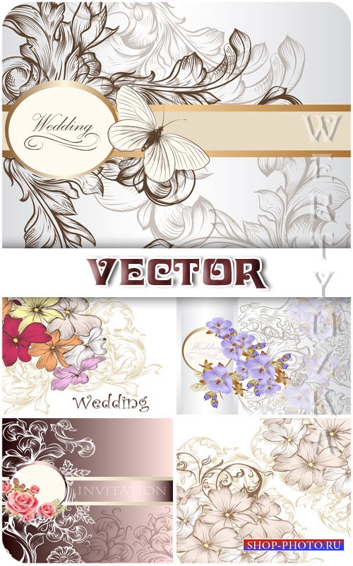Свадебные фоны с цветами и бабочками / Wedding backgrounds with flowers and butterflies - vector