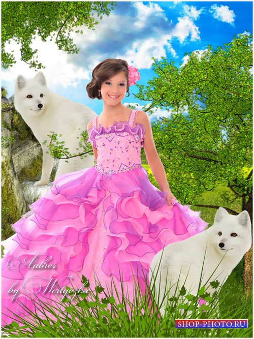 Девочка и белые волки - детский шаблон для фотошопа