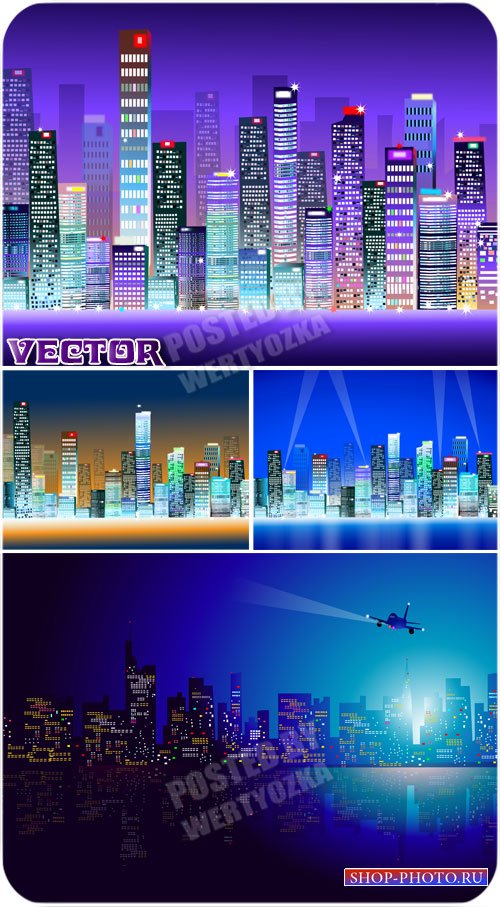 Векторные фоны с ночным городом, архитектура / Vector background with night ...