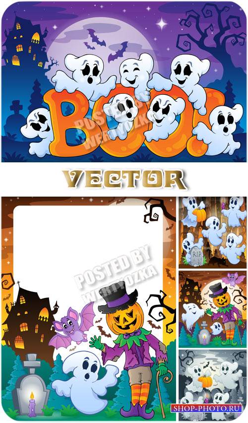 Забавные привидения на хэллоуин /  Funny ghosts on Halloween - stock vector
