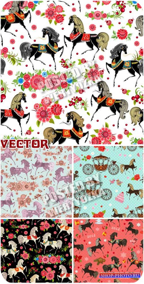 Векторные фоны с лошадками и цветами / Vector background with horses and flowers