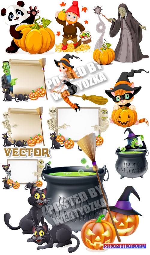 Привидения, ведьмы и черные кошки на хэллоуин / Halloween - stock vector