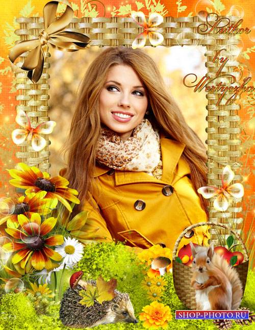 Рамка для фотошопа - Осень, цветочки и милые животные