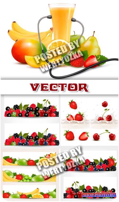 Фрукты и свежий сок, баннеры / Fruit and fresh juice, banners - stock vector