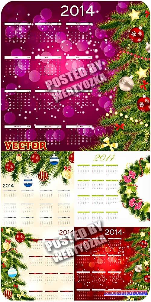 Новогодние календари 2014 с елочными украшениями / New Year calendar 2014 - stock vector