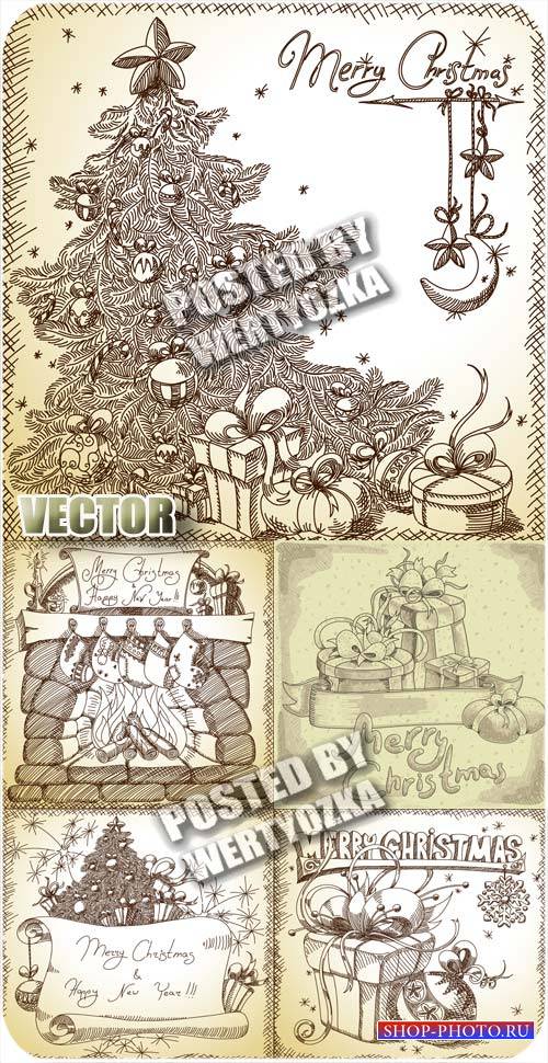 Винтажные векторные фоны с рождественской елкой / Vintage vector background ...