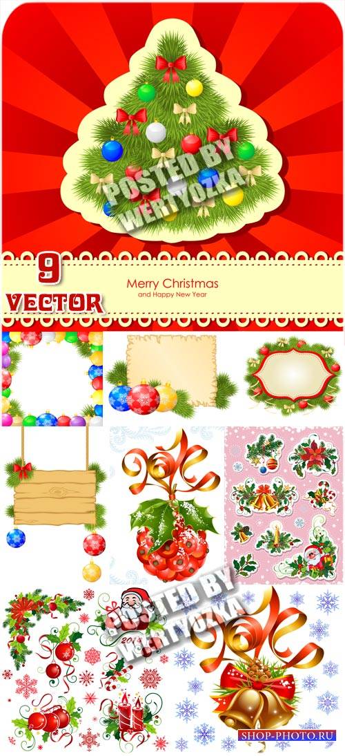 Рождественские элементы, елка, шары, колокольчики / Christmas elements, chr ...