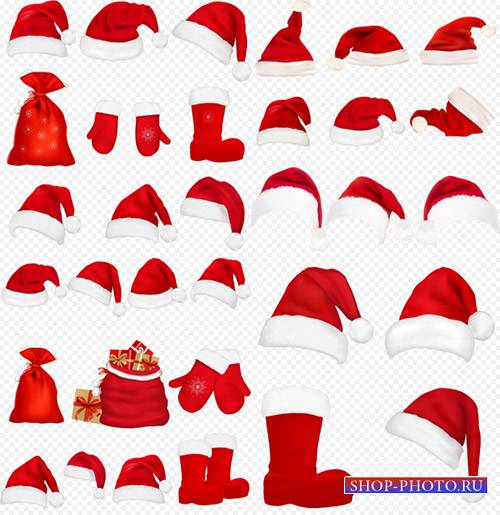 Клипарт - Новогодние шапки с бубенчиком варежки валенки мешки с подарками н ...