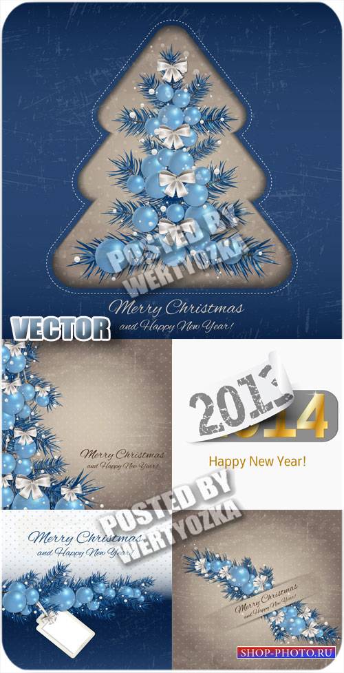 Винтажные рождественские фоны с голубыми елочными шарами - вектор