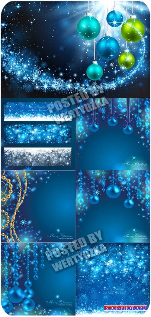 Рождественские блестящие фоны с синими украшениями - вектор