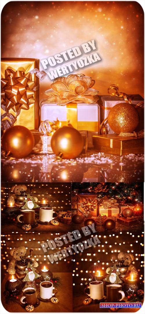 Золотые рождественские фоны с шарами, подарками и чашками кофе - сток фото