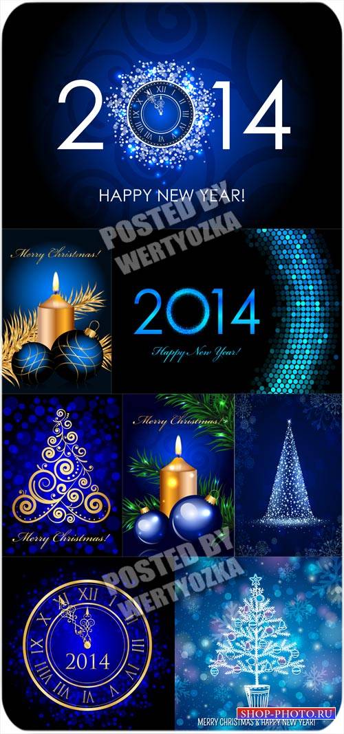 Рождественские векторные фоны 2014, куранты, золотая елка и свечи