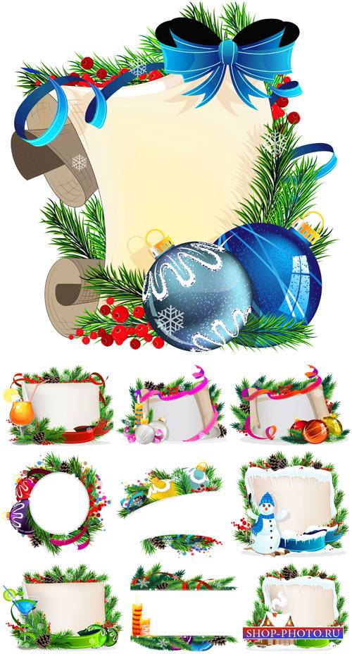 Рождественский векторный набор, шары, елка, свечи, рамки
