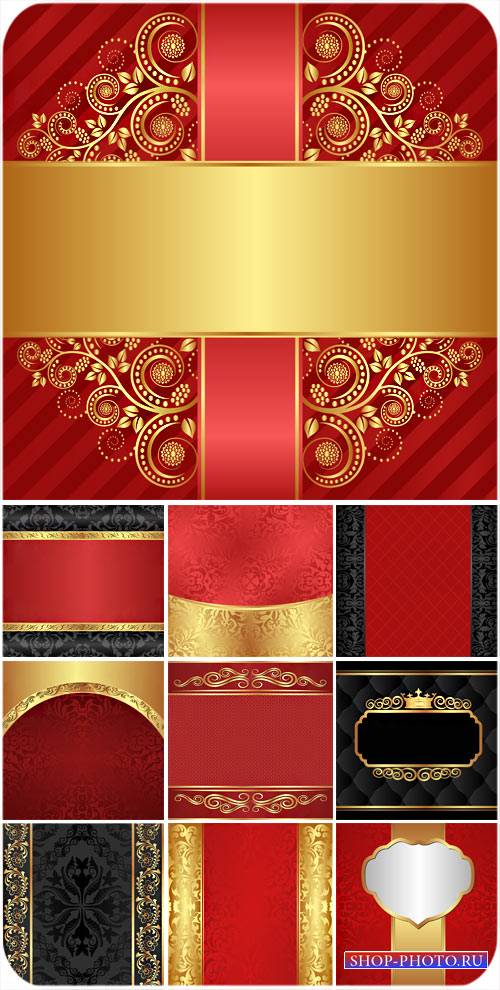 Золотые узоры, красные и черные фоны в векторе, винтаж