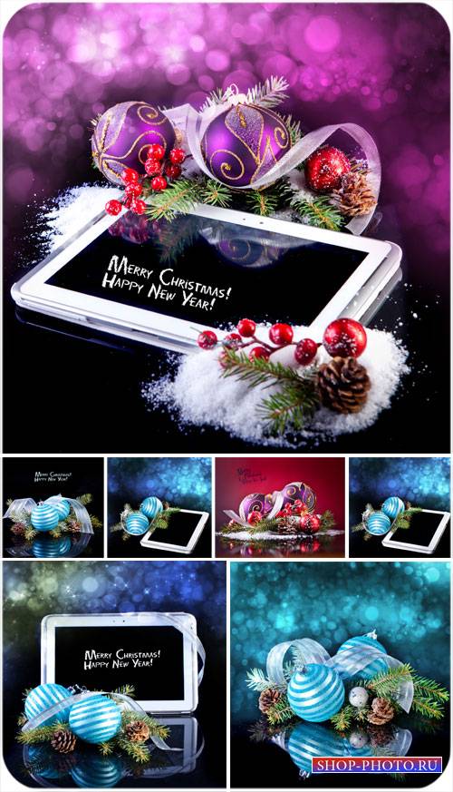 Рождественские подарки, фоны с планшетом и новогодние шары - сток фото