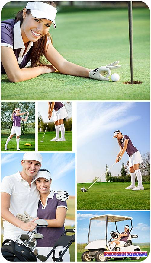 Гольф, мужчина и женщина на поле для гольфа - сток фото