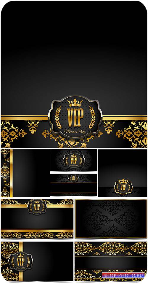 Черные фоны с золотым декором, вип карточки в векторе