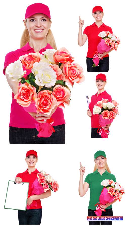 Доставка цветов, девушка с цветами - сток фото