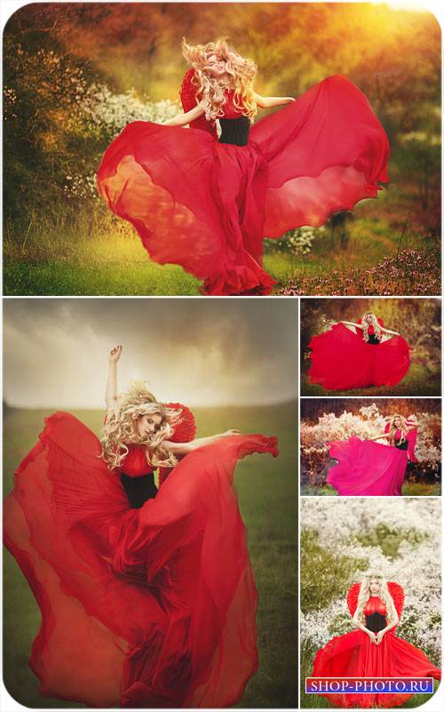 Девушка в красном платье, природа, цветы - сток фото