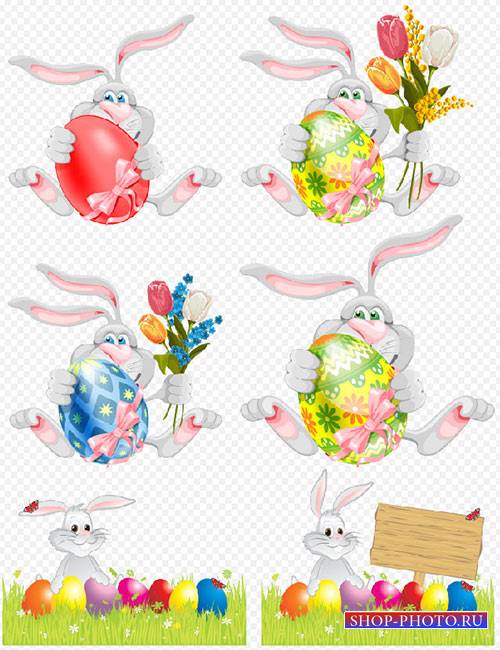 Клипарт - пасхальные кролики с яйцами и цветами на прозрачном фоне