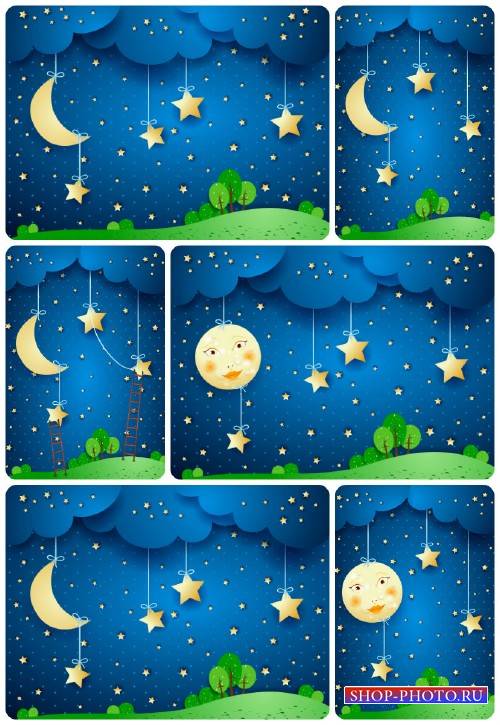 Ночное небо в векторе, луна, солнце / Vector night sky, the moon, the sun 