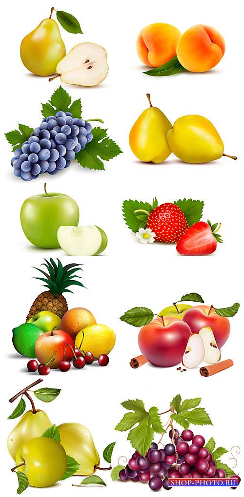 Свежие фрукты и ягоды в векторе, виноград, груша, клубника, ананас, яблоко  ...