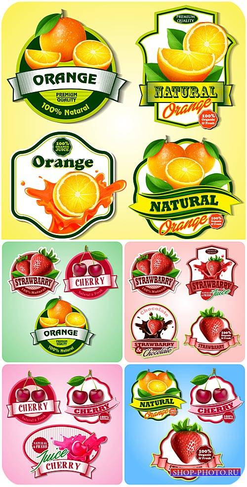 Продуктовые этикетки в векторе, фрукты и ягоды / Food labels vector, fruits ...