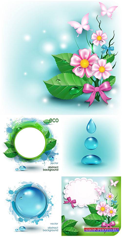 Эко фоны с цветами и бабочками, вектор / Eco background with flowers and bu ...