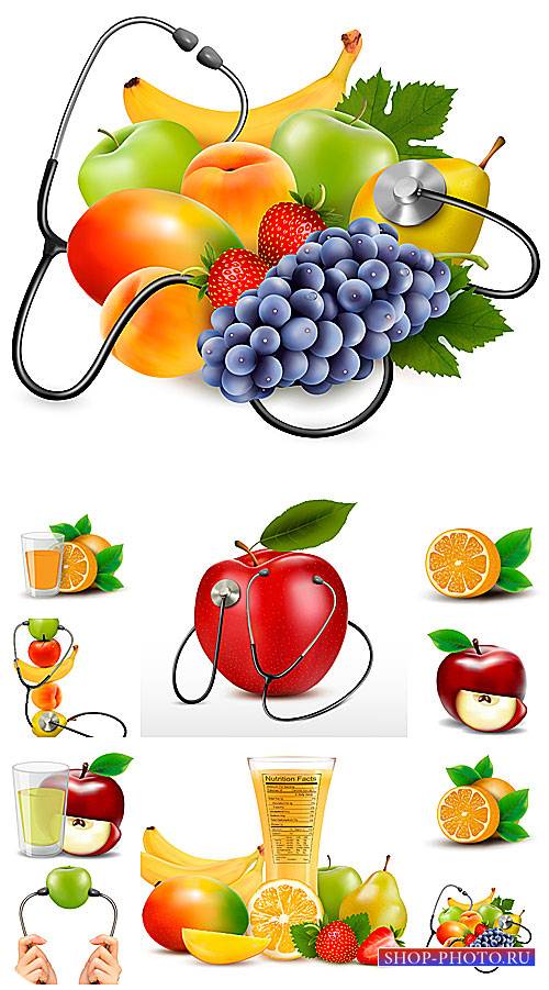 Фрукты, свежие соки в векторе / Fruits, fresh juices vector