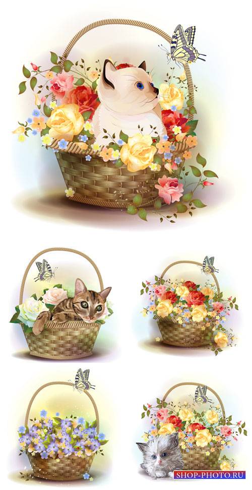 Корзины с цветами и котятами, вектор / Baskets of flowers and kittens, vect ...