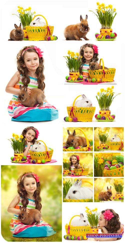 Пасха, девочка с пасхальным кроликом / Easter girl with Easter bunnies - Stock photo