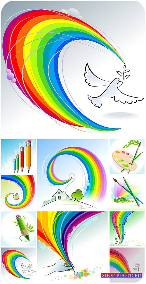 Радужные фоны, карандаши и краски в векторе / Rainbow backgrounds, pencils  ...