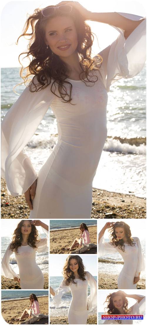 Девушка в белом платье на берегу моря / Girl in white dress on the beach -  ...