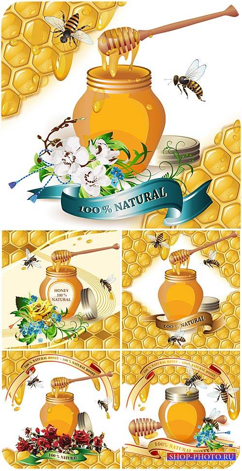 Мед, цветы и пчелы в векторе / Honey, flowers and bees vector