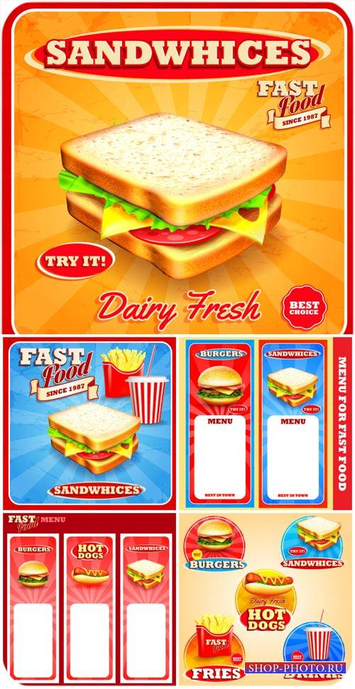 Продукты быстрого питания в векторе, сэндвич, бургер / Fast foods vector, s ...