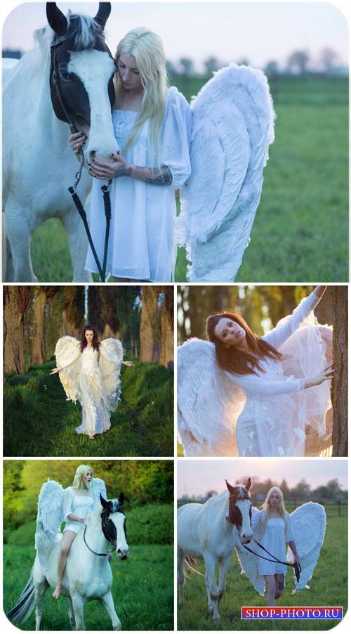 Девушки с крыльями, девушка с лошадью / Girls with wings, girl with horse - Stock Photo