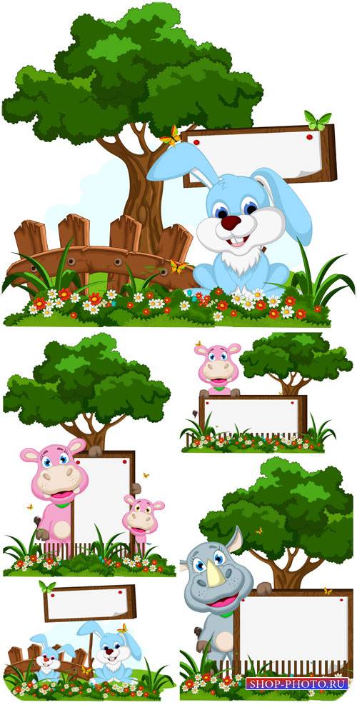 Животные с табличками, зайчик и носорог в векторе / Animals, bunny and rhino vector