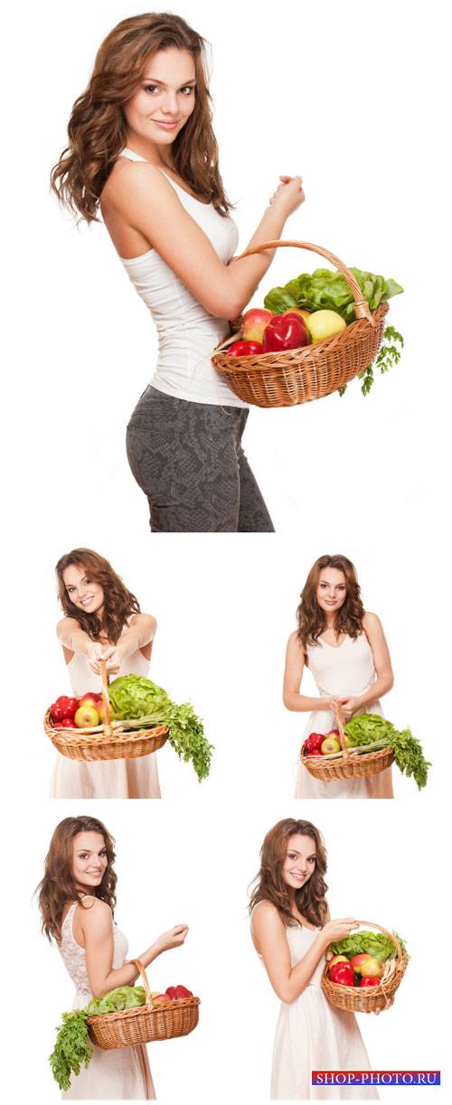 Девушка с корзиной, покупка продуктов / Girl with a basket, grocery shopping - stock photos
