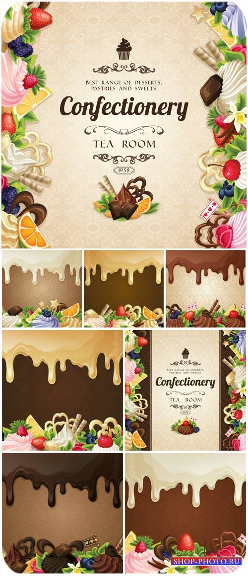 Фоны со сладостями, шоколад, кексы в векторе / Background with sweets, chocolate, cupcakes vector